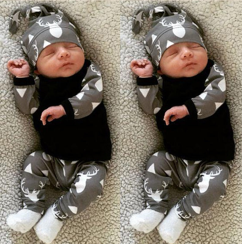 Ensemble Nouveau-Né Bébé. Vêtements Cerfs. Tops T-shirt À Manches Longues + Pantalon + Chapeau (3 pièces)